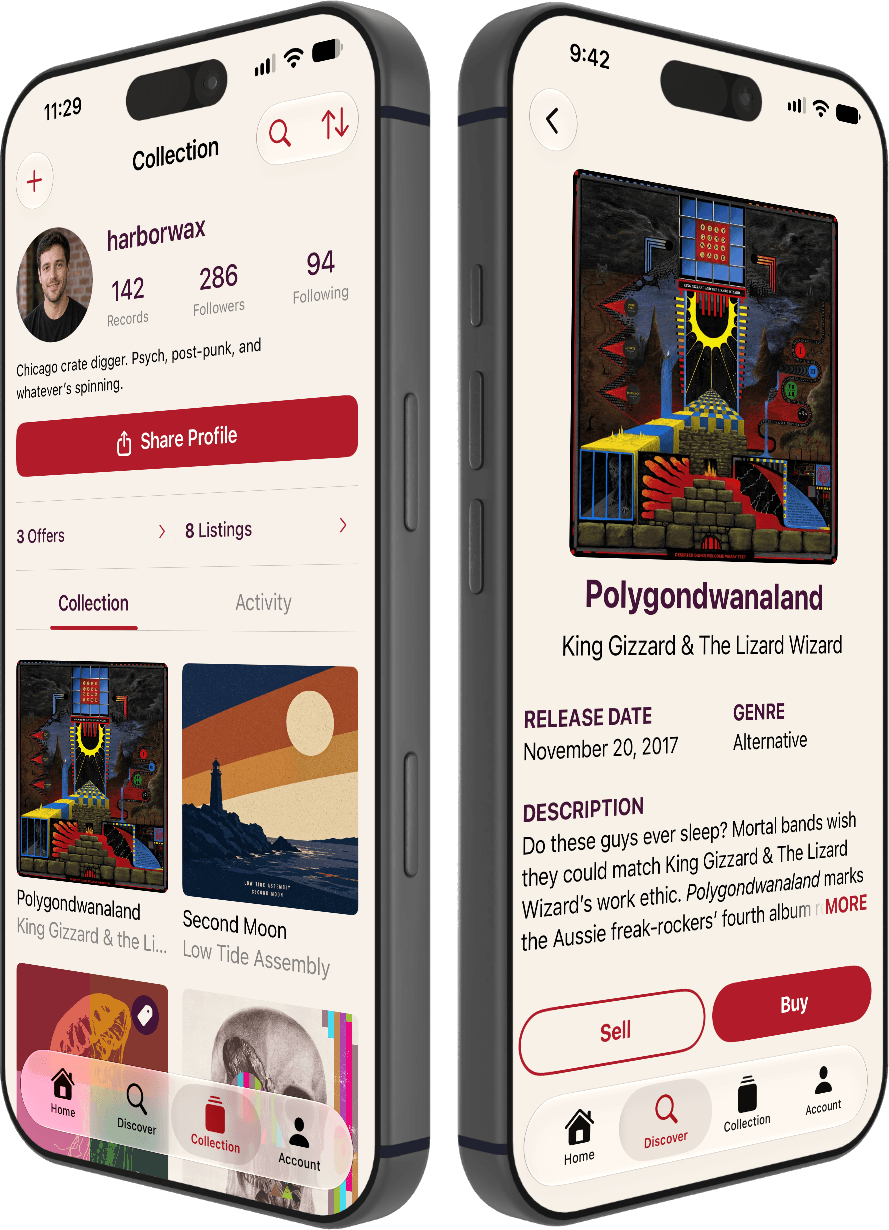 The Moose Vinyl app: a collector's profile, and a record's page with Buy and Sell
